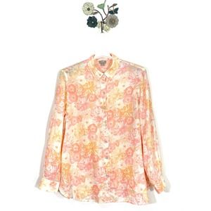 J. Jill Floral Long Sleeve Button Front Linen Blouse Top Peach Size Medium